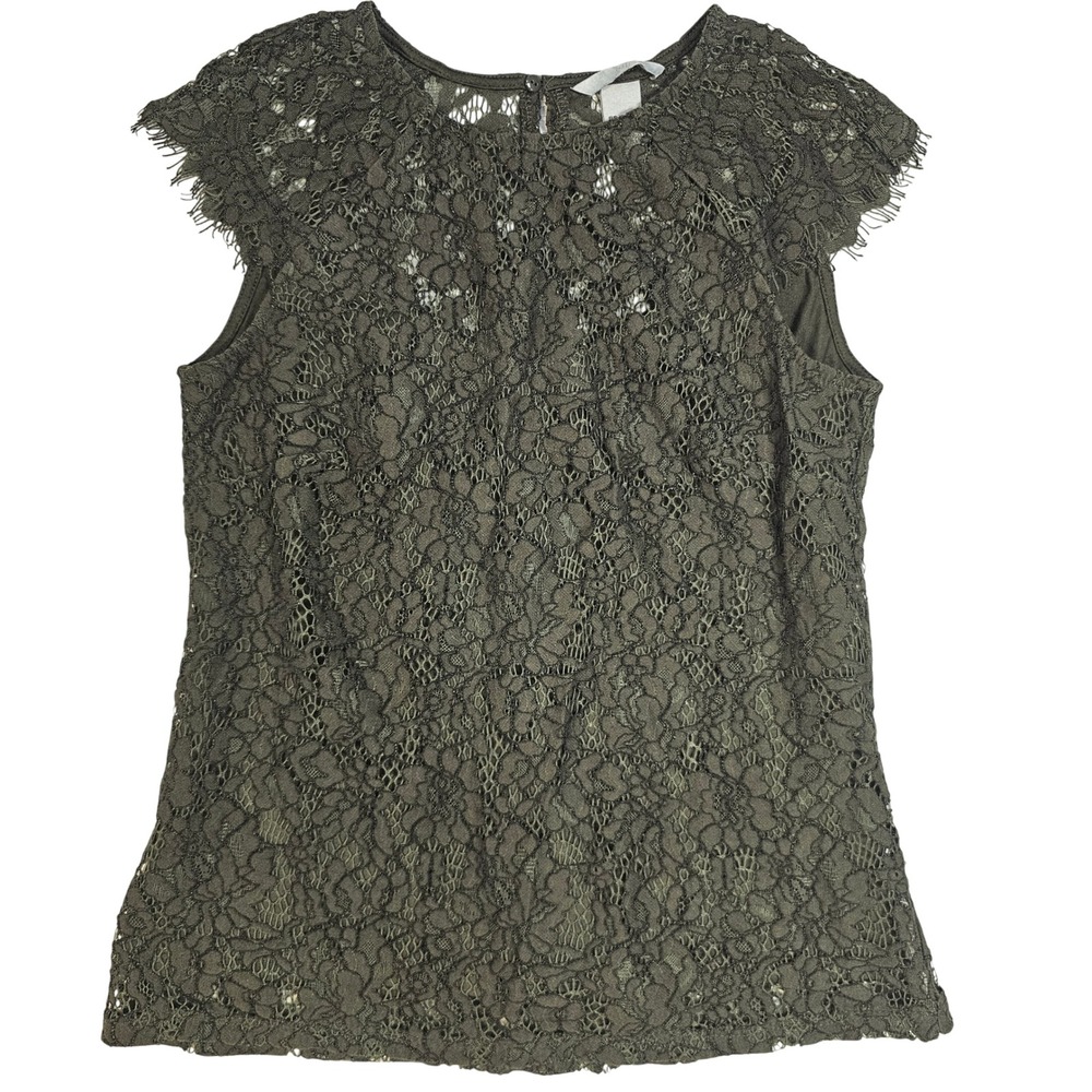 HM Olive Green Floral Lace Cap Sleeve Shell Blouse XS Keyhole Back Trim